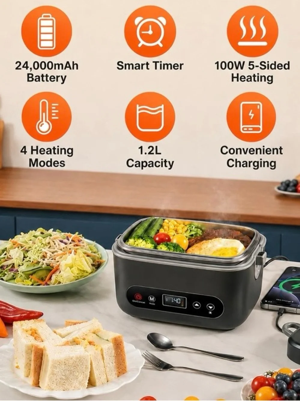 NEW - Heated Lunch Box for Adults, 1.2L Self-Heating Food Warmer, Black Cordless